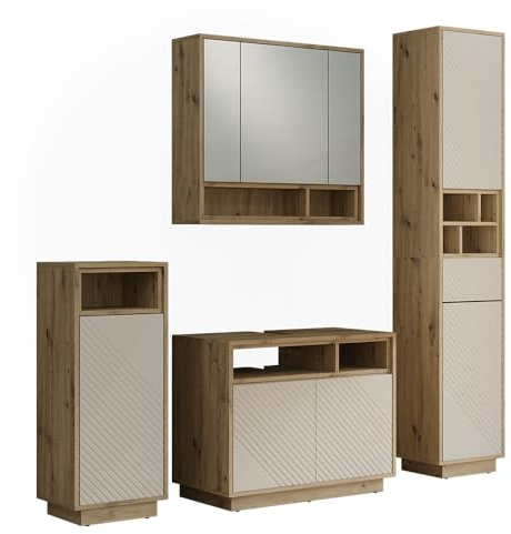 Vicco Badmöbel-Set Beatrice, Cashmere/Artisan-Eiche 80 cm | besteht aus Waschbeckenunterschrank, Spiegelschrank, Hochschrank und Midischrank