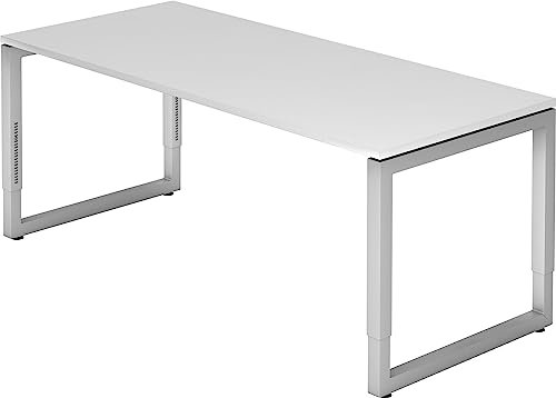 bümö höhenverstellbarer Schreibtisch R-Serie 180x80 cm in weiß, Gestell in Silber - großer PC Tisch für's Büro manuell höhenverstellbar, Computertisch verstellbar
