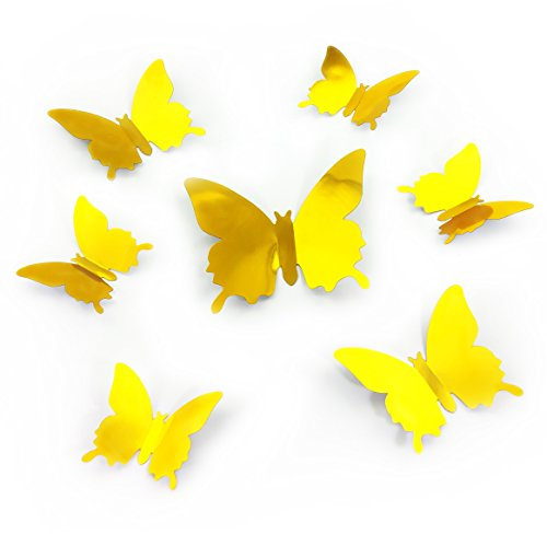 Oblique Unique 3D Schmetterlinge Blumen 12er Set Dekoration Wandtattoo (Gold Spiegelnd)