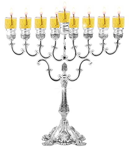 Versilberte Chanukka Menora für Öl - Passend für Standard Chanukka Ölbecher und Große Kerzen - 35 cm Hoch - Olivenzweige