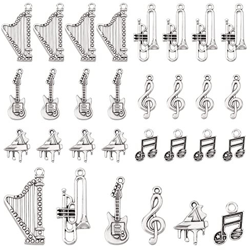 PandaHall 30 Stück 6 Stile Musikinstrumente Charms, Antik Silber Legierung Notiz Anhänger Klavier Gitarre Harfe Trompete Charms für DIY Halskette Armband Schmuckherstellung