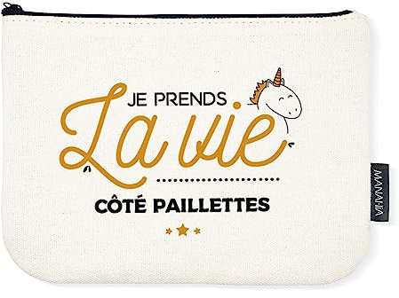 Manahia Pochette Cadeau Licorne Coton - Je Prends la Vie côté Paillettes - Cadeau Meilleure Amie - 100% Coton - Cadeau Licorne - Cadeau Noël Copine - Trousse de Toilette Licorne