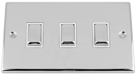 Slimline Polished Chrome Switch 3 Gang White Insert Metal Rocker Switch (Double Plate)