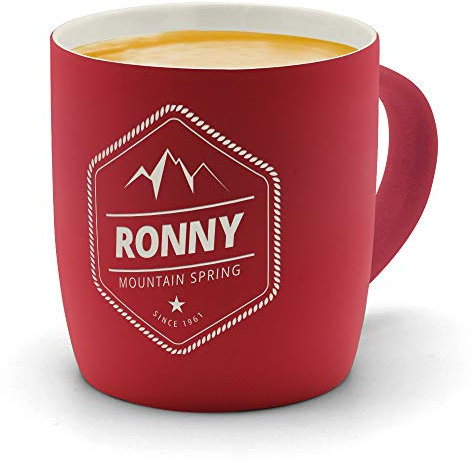 printplanet - Kaffeebecher mit Namen Ronny graviert - SoftTouch Tasse mit Gravur Design Mountain Spring - Matt-gummierte Oberfläche - Farbe Rot