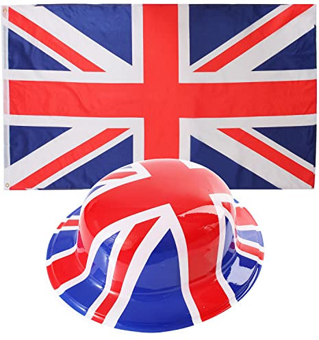 Uk Flag & Hat Fancy Dress Accessory Set. 3x5ft Flag + Union Jack Bowler Hat. United Kingdom Supporters Flag & Hat Fancy Dress Accessory Set Football Rugby Flag