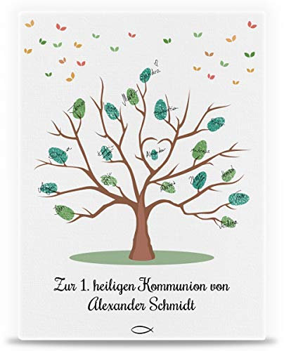 GRAVURZEILE Personalisierte Leinwand zur Kommunion als Gästebuch - Fingerabdruck der Gäste - Größe 30 x 40 - Platz für 70 Fingerabdrücke - Tolle Geschenkidee für Mädchen & Jungen