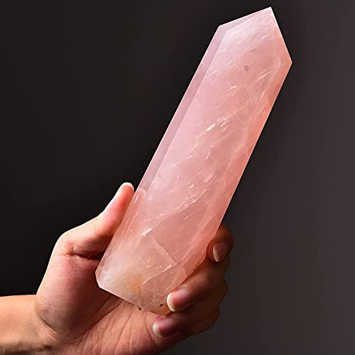 AMOYSTONE Großer Rosenquarz Obelisk Turm Heilkristall Zauberstab 6 facettierte Reiki Meditation Therapie Rosa 0,8-1 kg