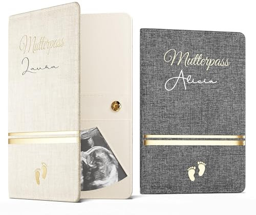 Bl4ckPrint - Mutterpasshülle aus Kunstleder Personalisiert Name Organizer für Impfpass Mutterpass Ultraschallbilder viele Fächern Deutscher Österreichischer Mutterpass Geschenk für Schwangere(Grau)
