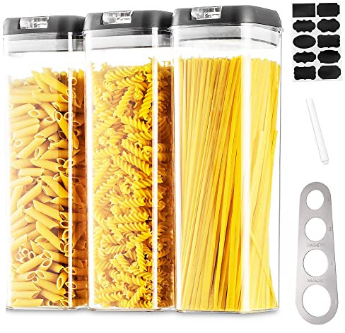 Vorratsdosen Aufbewahrungsbox Küche Vorratsbehälter Aufbewahrung: 3 Stück Luftdichte Pasta Behälter Set mit Schwarzes Easy Deckel Stapelbar Lebensmittel Aufbewahrung zum Spaghetti Müsli Cornflakes