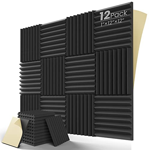 LEIYER Upgrade Schalldichte Schaumstoffplatten mit selbstklebender, 2,5 x 30,5 x 30,5 cm Akustikplatten, schnelle Wiederherstellung, Akustikschaumkeile, hohe Dichte, 12 Stück, Schwarz