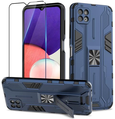 Btstring Hülle für Samsung Galaxy A22 5G mit Panzer Schutz Glas, Militär Standard Cover Case Standfunktion Handy Hüllen- Blau