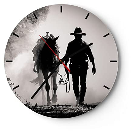 Modern Wanduhr Cowboy Pferd Shady 30x30cm Rund Klein Wand Uhr Glas Analog Zimmeruhren Küche Büro Wohnzimmer Glasuhr Wall Clock Dekoration Design Wanddekoration Küchenuhr C3AR30x30-4620