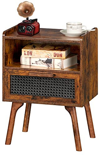 Lerliuo Rattan-Nachttisch-Set, Boho-Beistelltisch mit Schublade, offenes Regal, Nachttisch mit Massivholzbeinen für Schlafzimmer, Wohnheim und kleine Räume (schwarz), 2 Stück