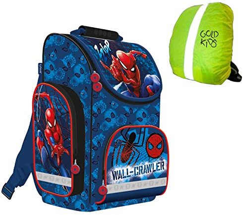 Kinderrucksack Rucksack Schulrucksack Ranzen Tornister Marvel Spiderman Motiv ab 1. Klasse Grundschule inkl Regenschutz