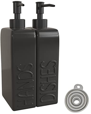 Karisky Soap Dispenser Set with Funnel, Non-Slip Silicone Pads, 2 Pack Ceramic Refillable Dish Soap and Hand Soap Dispenser for Kitchen, Bathroom, Matte Black