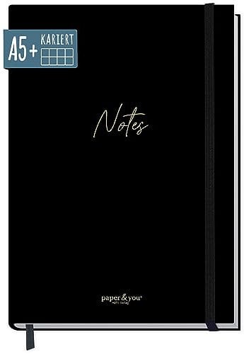 paper&you® Notizbuch A5+ kariert mit Gummiband [Black Edition Gold] 156 Seiten, 78 Blatt | als Bullet Journal, Tagebuch, Notizheft | nachhaltig & klimafreundlich