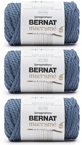 Bernat Macrame Denim Yarn - 3 Pack of 8.8oz/250g - Blended Fiber - #6 Super Bulky - 44 Yards - Knitting, Crocheting & Crafts