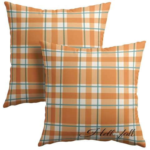 Orange Stripe Fall Throw Pillow Cover 18x18 Inch Set of 2 Hello Fall Stripes Buffalo Plaid Decorative Pillow Protector Pumpkin Autumn Thanksgiving Outdoor Cushion Case for Home Sofa Veranda