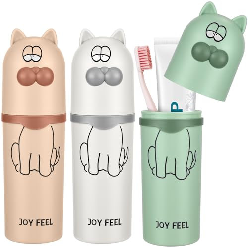 3PCS Zahnputzbecher, Zahnbürsten Karikatur Katze Tier Zahnputzbecher Set Zahnbürstenhalter Reise Personalisiert für Junge Mädchen Reisen Camping Schule Zuhause (Weiß, Grün, Rosa)