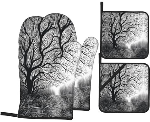 Lot de 4 maniques de cuisine en noir et blanc - Imperméables - Résistants à la chaleur - Pour griller, cuisiner et cuire