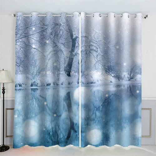 MEVASA Winterlandschaft Gardinen Jugendzimmer Jungen Mädchen 3D Vorhänge Schnee Verdunklungsvorhänge Kunst Chic Wohnzimmer Modern Home Dekoration 220 x 215 BxH