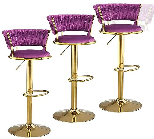 ZERAPH Küchen-Barhocker mit Rückenlehne aus Samtgewebe, 3er-Set, höhenverstellbarer Thekenhocker, Barstuhl mit goldenem Metallgestell für Kneipe, Küche, Café, Lila