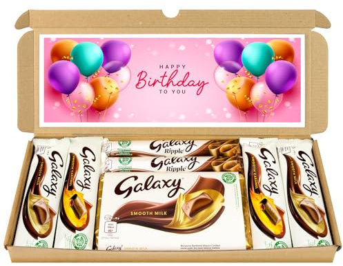 Selection Box Chocolate Hamper | Letter Box Gift | Fullsize Galaxy Chocolate bars | Ideal Gifts For Women, Men, Kids (Happy Birthday (Pink), Full Size)