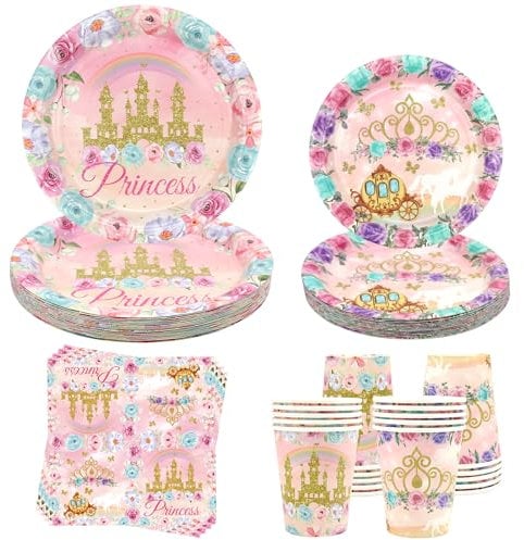 Ywediim Juego de vajilla para fiesta temática de princesa, incluye platos, servilletas, tazas, para niñas, cumpleaños, baby shower, decoración de fiesta para 20 invitados (sirve para 20 personas)