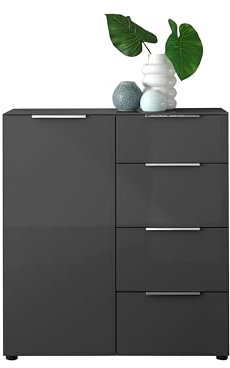 Kommode SANTORIN Anthrazit mit Glasfront, Schrank Korpus in Anthrazit mit Oberboden in Glas-mit viel Stauraum und Schubladen für Ihren Wohnbereich - 90 x 99 x 40 cm (B/H/T)