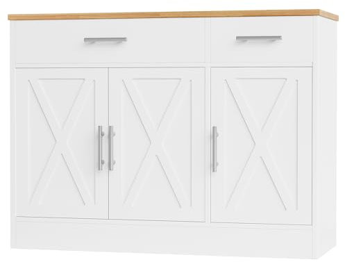 Shintenchi Modern Farmhouse Sideboard Buffet Cabinet with Storage with 3 Doors,42 Barn Doors Buffet Cabinet with Storage, Wood Coffee Bar Cabinets with Adjustable Shelf for Kitchen Living Room,White
