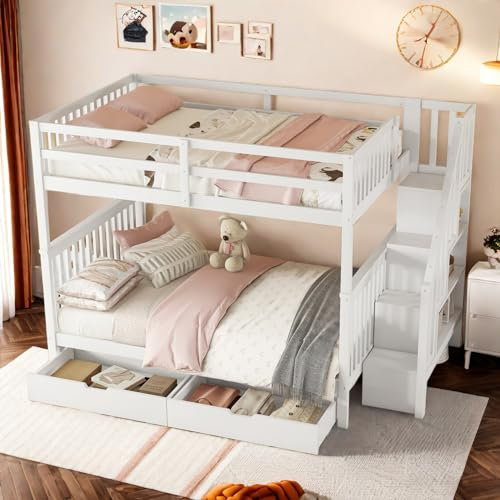 Kinderbett, 90 x 200 cm, Etagenbett für Kinder, sturzsicher, Hochbett für 2 Personen, 90 x 200 cm, Treppenregal, ausgestattet mit zwei Schubladen, hohe Schutzvorrichtung, zertifiziert nach EN747-1