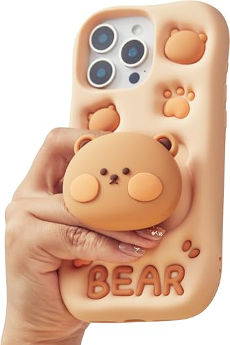 TUFTA Kawaii 3D Teddy Bear Phone Case for iPhone 11 Pro Max (with Stand and Grip) Cute Girly Cartoon Animal Phone Cover for Girls, Boys, Kids, Teens, and Women, Tan
