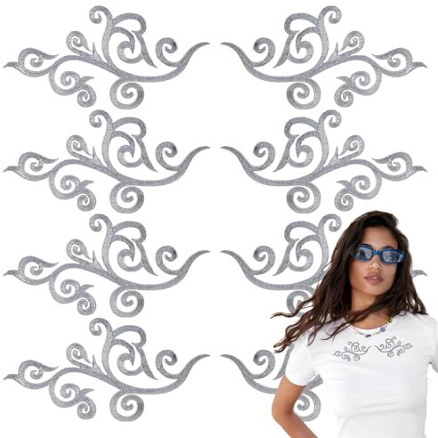 6 Pairs Metallic Embroidered Iron on Patch Trim Fringe Leaves Glitter Retro Boho Embroidered Appliques Iron-on Patches for Dress Pillow Sewing Accessories Embellishment (Silver)