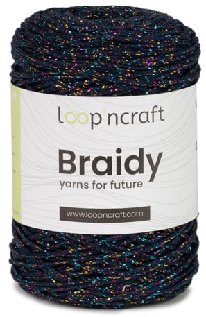 Cordino morbido per borse ad uncinetto in cotone riciclato, cordoncino 2 mm, 250gr al gomitolo, 250 metri, per borse ad uncinetto, progetti creativi e hobby (Blu Notte e Lurex Multicolor)