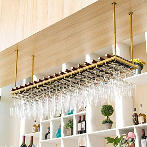 LXJBBD Wall Mounted Iron Wine Rack, Adjustable Height, Ceiling Mounted Hanging Wine Bottle Holder, Shelf Champagne Glass Rack, Bar Home Decor, Gold