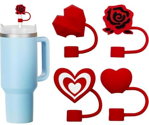 BelleVive 4pcs Straw Cover Cap for Stanley Cup, 10mm Reusable Dust-Proof Straw Topper Compatible with Simple Modern and Tumbler with Lid and Straw, Valentine's Day gift (4pcs red love set)