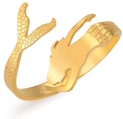 Dreamtimes Meerjungfrau Ring Verstellbarer Edelstahl Märchenhafte kleine Meerjungfrau Wickelringe für Frauen zierliche stapelbare Ringe einstellbarer niedlicher Ring (Gold)
