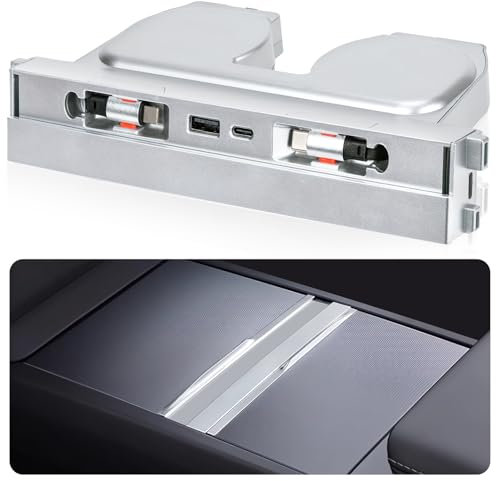 DGXWLLW USB Hub for Tesla Model Y Juniper 2025 2026 Model 3 Highland 2024 2025 with Sliding Cover, 119W Dual Type-C Retractable Cables Multi Ports Fast Charger fit Center Console Docking Station