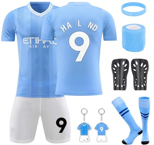 Fußball Trikot Set Kinder, Nr.9 Fußball Training Skleidung Hause/Auswärts Fußballtrikots Kinder Jungen, Fussball T-Shirt Shorts Socken Knieschoner Schlüsselanhänger und Bandagen(24)