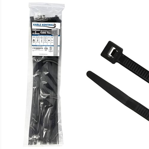 Kable Kontrol Black Cable Ties, 450 mm x 4.8 mm, Pack of 100, 18 Premium Nylon Zip Ties, Multi-Purpose Plastic Tie Wraps, Secure Self-Locking Mechanism, for Home, Garden, Office and DIY
