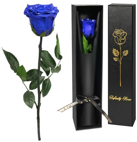Yamonic Rose Eternelle Cadeau Femme,Vraie Rose avec Tige Cadeau Maman Fleur Préservée en Coffret Cadeau Anniversaire Femme Fleur Eternelle Cadeau Femme Noel Saint-Valentin Fete des Meres,Rose Bleue