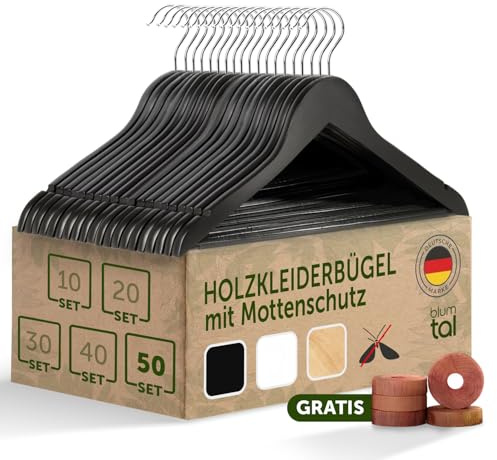 Blumtal Kleiderbügel Holz 50er Set - Holzbügel mit 360° drehbarem Metallhaken - Kleiderbügel Schwarz mit Zedernholz Mottenschutz - Anti-Rutsch-Schicht & Einkerbungen