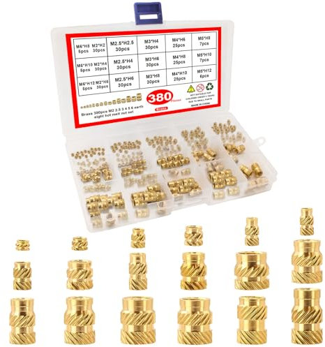 AIMEKE 380 Stück Gewindeeinsatz 3D Druck M2 M2.5 M3 M4 M5 M6 Einschmelzgewinde Mit Sortierbox, Messing Gewindeeinsätze, Gerändelt Einpressmuttern für 3D Druck Zubehör, Kunststoffteile