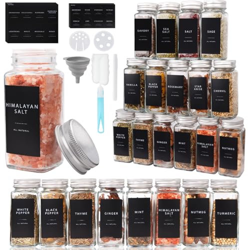 FoiiLiio Pot à Épices en Verre, 24 x 120ml Bocaux à Épices Françaises, Boite a Epices Cuisine Rangement avec Tamis, 243 Étiquettes, Stylo, Entonnoir