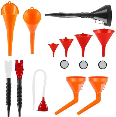 Lot de 12 entonnoirs pour Huile & Liquides | avec Tuyau Télescopique & Filtre | Empilable & Gain de Place | Usage Auto Moto Jardin Bricolage