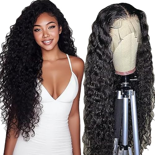Shoaiye 13x4 Lace Front Echthaar Perücke Damen Water Wave Human Hair Wig Wear and Go Glueless Remy Pre Plucked Natural Hairline 150% Density Natural Black Color for Woman 28 Inch