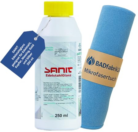 BADfabrik24 SANIT-Edelstahlglanz Nr. 3019 – 250 ml Flasche, Pflegemittel für Edelstahl, reinigt & pflegt, streifenarmer Glanz, wasserabweisender Schutz, inkl. Mikrofasertuch