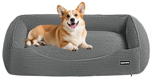 HMTOPE Hundebett Mittelgroße Hunde aus Cord, Waschbar, 90x75cm, Mittelgrau | Hundesofa mit erhöhte Ränder, Weich Atmungsaktiv Hundekorb, Rutschfest und Abnehmbar