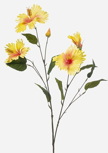 artplants.de Künstlicher Zweig Hibiskus TRUGEN mit Blüten, gelb-pink, 85cm | Deko Hibiskuszweig