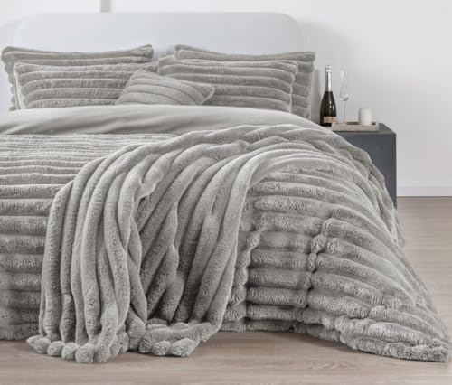 Artistic Fashionista Limited Luxurious Chunky Ribbed Cord Teddy Bear Duvet Cover Sets Super Soft Fluffy Cuddly Faux Fur Thermal Sherpa Fleece Quilt Cover Pillowcases Bedding Set (Silver, Single)